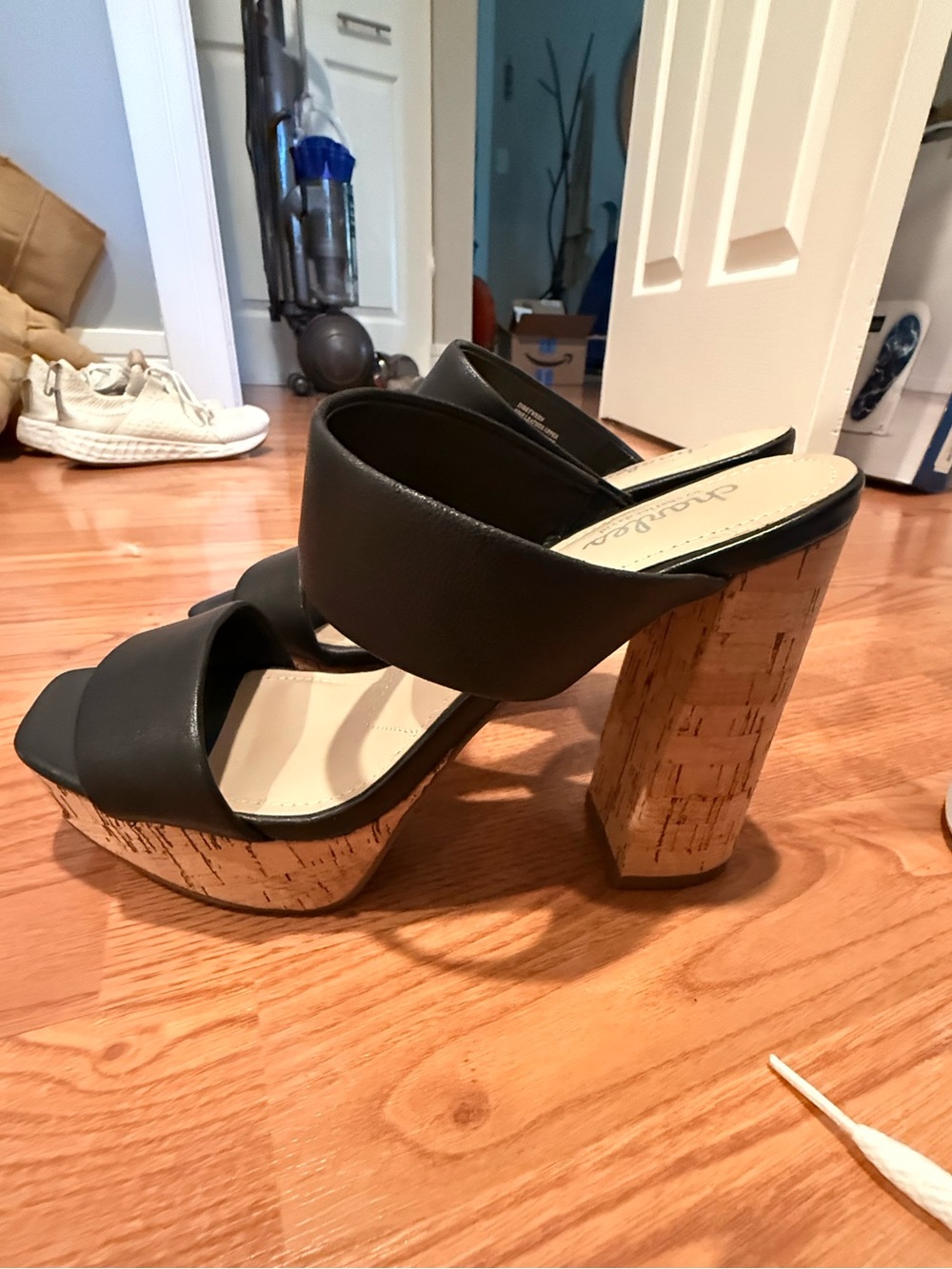 Charles By Charles David Black Cork Block Heel Mules